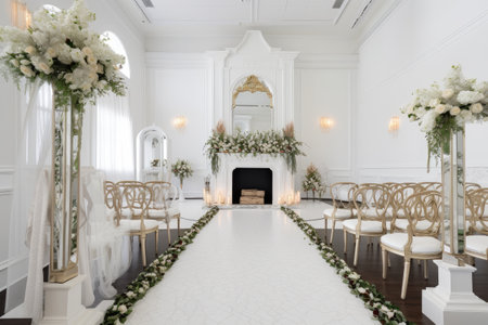 pristine white room with intricate ceremony setup for a classic, elegant wedding, created with generative aiの素材
