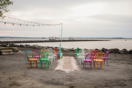 ceremony setup on the beach with colorful chairs and string lights, created with generative aiの素材