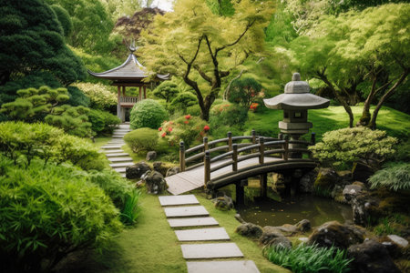 peaceful garden with japanese pagoda and wooden bridge, created with generative aiの素材