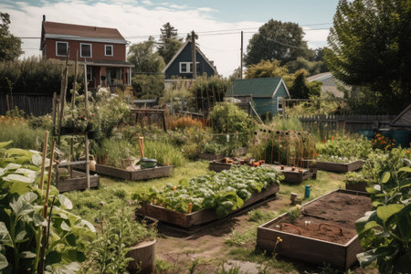 community garden with tools, plants, and supplies visible, created with generative aiの素材