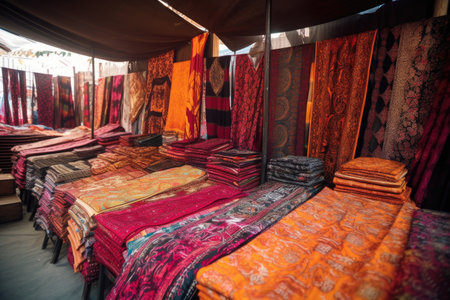luxurious cloths and textiles at market bazaar, created with generative aiの素材
