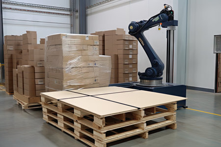 palletizing robot, with finished stack of products, ready to be shipped, created with generative aiの素材