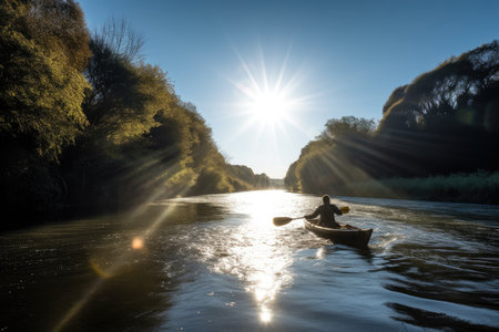 canoeist paddling down a tranquil river, with the sun shining overhead, created with generative aiの素材
