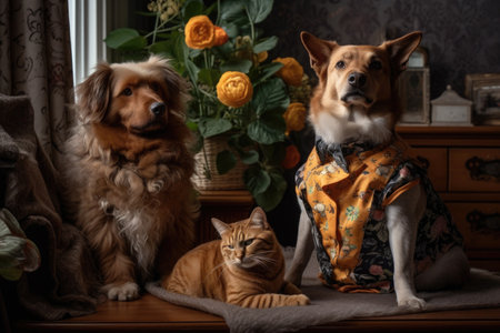 photoshoot, with cat and dog models wearing outfits of their own designs, created with generative aiの素材