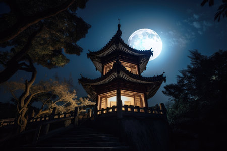 peaceful scene of moonlight shining on the walls of a chinese pagoda, created with generative aiの素材