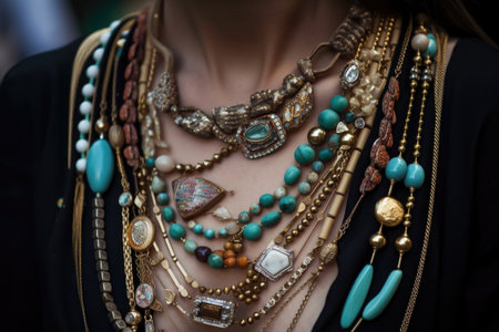 accessory and jewelry trend of layering multiple necklaces or wearing a mix of statement pieces, created with generative aiの素材