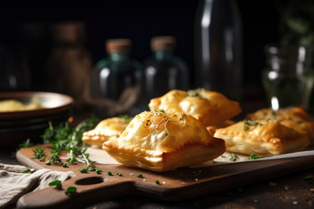 ravioli-style flaky puff pastries with filling of cheese and herbs, created with generative aiの素材