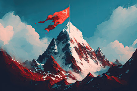mountain peak with red flag, surrounded by blue sky and fluffy clouds, created with generative aiの素材