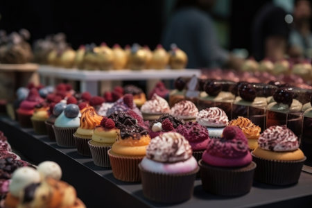 stand of gourmet cupcakes with a variety of flavors and decorations, created with generative aiの素材
