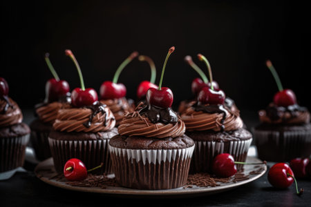 stack of individual chocolate cupcakes, each topped with swirl of frosting and cute cherry on top, created with generative aiの素材