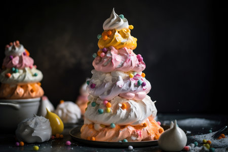 a tall stack of meringues, decorated with colorful fruit and sugar sprinkles, created with generative aiの素材