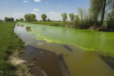 fertilizer runoff from agricultural field, with algae blooms and dead zone in the downstream waters, created with generative aiの素材