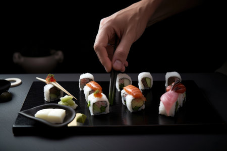food stylist, arranging different kinds of sushi on a plate, created with generative aiの素材