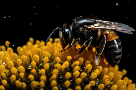 close-up of bright yellow pollen, on a black background, created with generative aiの素材