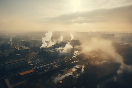 heavy smog hanging over busy industrial area, with smoke and steam rising from the factories, created with generative aiの素材