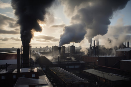 view of factory, with smoke and fumes billowing from its smokestacks, created with generative aiの素材