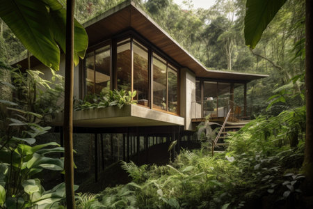 eco-friendly guesthouse surrounded by lush greenery and natural beauty, created with generative aiの素材