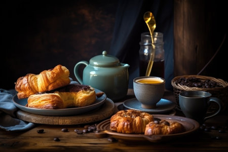 coffee break, with warm cup of hot coffee, and stack of sweet pastries for a moment to unwind, created with generative aiの素材