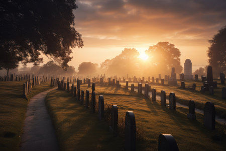 cemetery at sunrise, with golden rays shining through the clouds, created with generative aiの素材