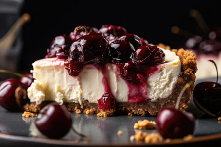 close-up of slice of decadent cheesecake, with cherry and graham cracker crust visible, created with generative aiの素材