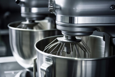 close-up of commercial mixer, with the blades in motion, created with generative aiの素材