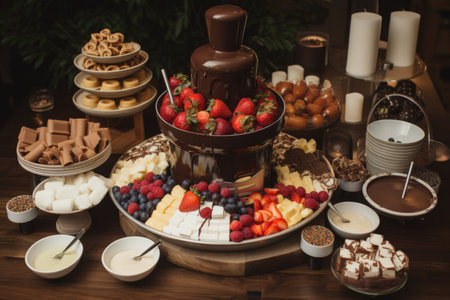 chocolate fountain with a variety of chocolate treats, including fruits and marshmallows, for dipping, created with generative aiの素材