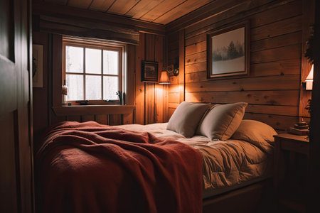 a cozy bedroom with wood-paneled walls and a warm duvet, created with generative aiの素材