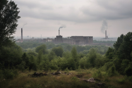 landscape, with view of factory smoke stacks and smoggy skies, created with generative aiの素材