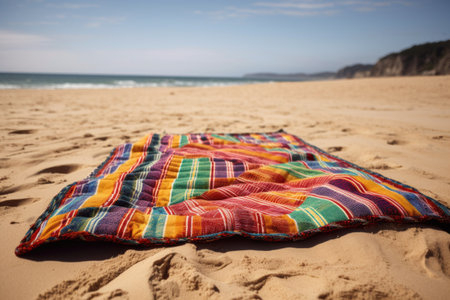 colourful picnic blanket on the warm sand of beach, created with generative aiの素材