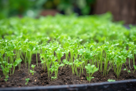 close-up of sprouting seedlings in garden bed, created with generative aiの素材