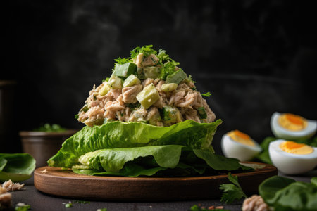 stack of crisp lettuce leaves topped with creamy tuna salad, created with generative aiの素材