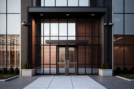 office building with modern entrance doors, glass and metal accents, created with generative aiの素材