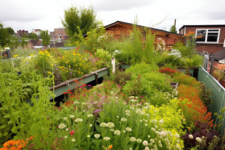 green rooftop garden, filled with colorful blooms and greenery, created with generative aiの素材
