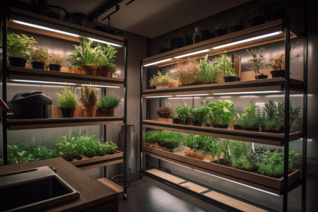 indoor garden, with grow lights and watering systems, in modern apartment, created with generative aiの素材