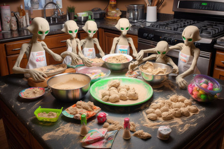 alien family baking traditional cookies for holiday bake sale, created with generative aiの素材