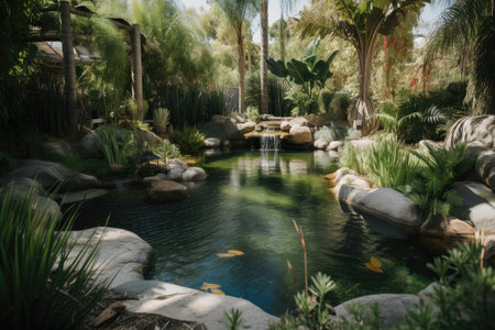 oasis with clear, fresh water and unique aquatic plants, created with generative aiの素材