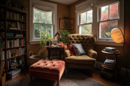 cozy reading nook with plush armchair, book shelves, and tea service, created with generative aiの素材