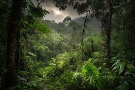 lush jungle with thunderstorm overhead and lightning strikes, created with generative aiの素材
