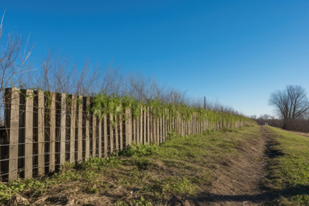 fence lined with freshly sprouted greenery against a clear blue sky, created with generative aiの素材
