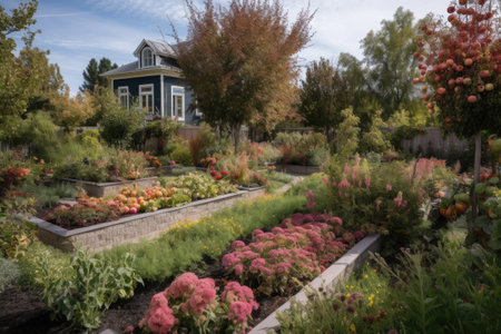 beautiful edible landscape with thriving garden and fruit trees, created with generative aiの素材