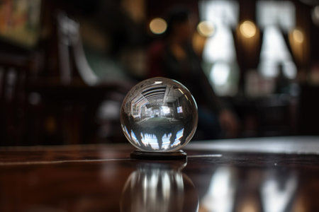 close-up of crystal ball, with the blurry figure of a person visible in the background, created with generative aiの素材