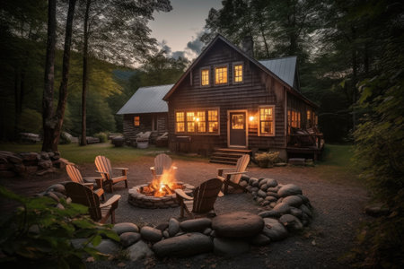 cozy cabin retreat with fire pit for roasting marshmallows and telling stories, created with generative aiの素材