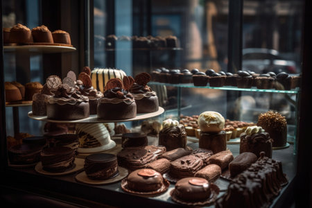 tempting display of chocolate cakes, cupcakes, and cookies in bakery window, created with generative aiの素材