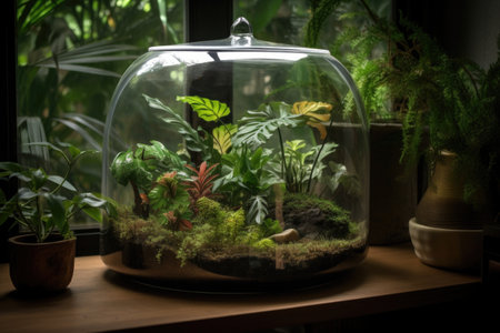 glass terrarium with exotic plants and a view of the outside world, created with generative aiの素材