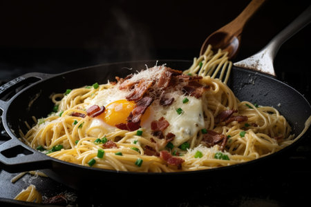 spaghetti carbonara being cooked in a skillet, with bacon and eggs frying, created with generative aiの素材