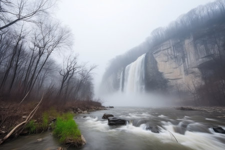 majestic waterfall surrounded by thick fog, creating mystical scene, created with generative aiの素材