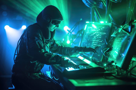 alien musician performing at a concert with complex light show, created with generative aiの素材