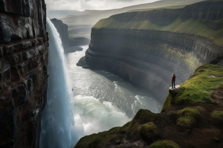 dramatic waterfall, with a person standing on the edge of the cliff, looking at the view, created with generative aiの素材