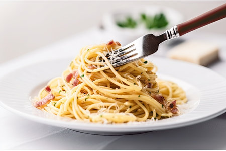 spaghetti carbonara on white plate with fork and knife, created with generative aiの素材