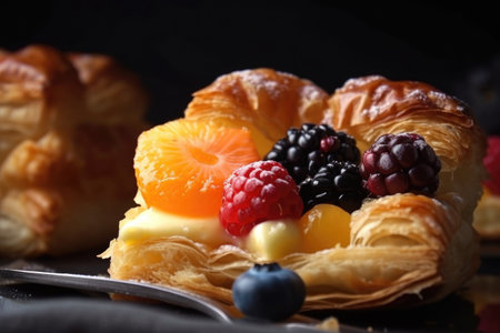 close-up of flaky puff pastry with filling of fruit and custard, created with generative aiの素材